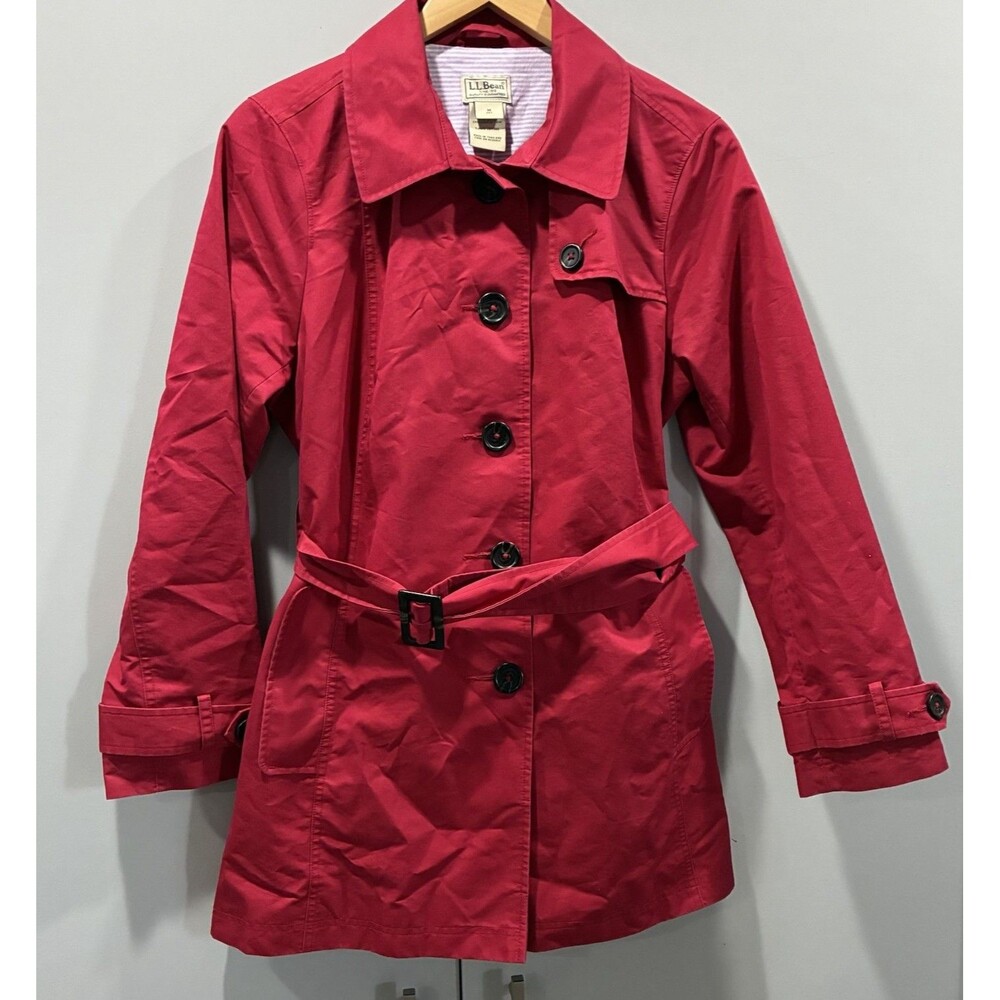 Vintage LL Bean EUC OLD PORT Trench Rain Coat Bold Red Belted Petite Medium